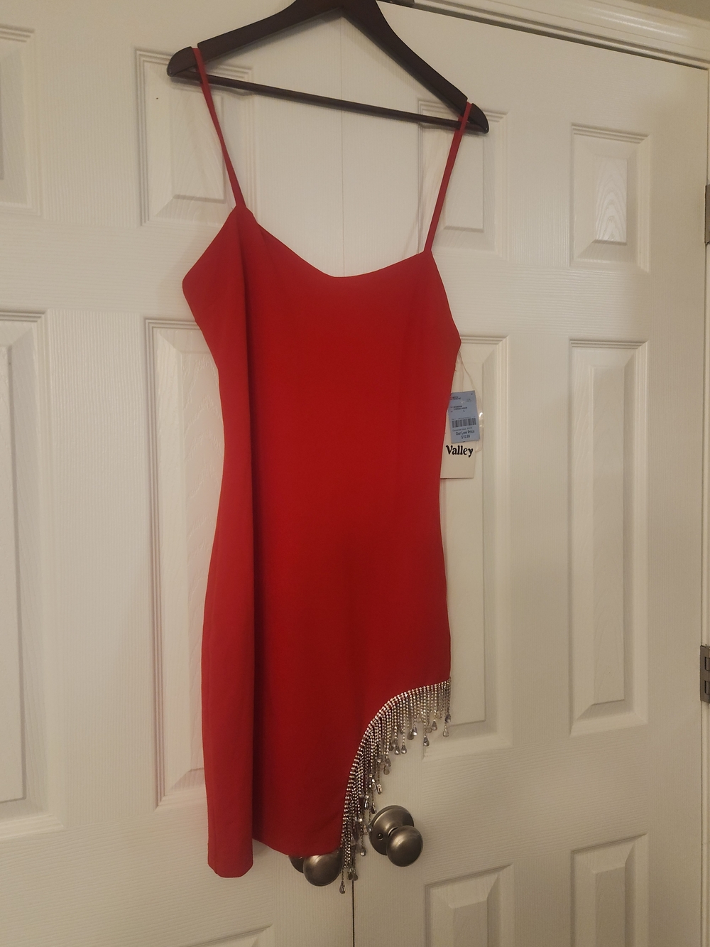 Red Spaghetti-Strap Mini Dress with Crystal Fringe